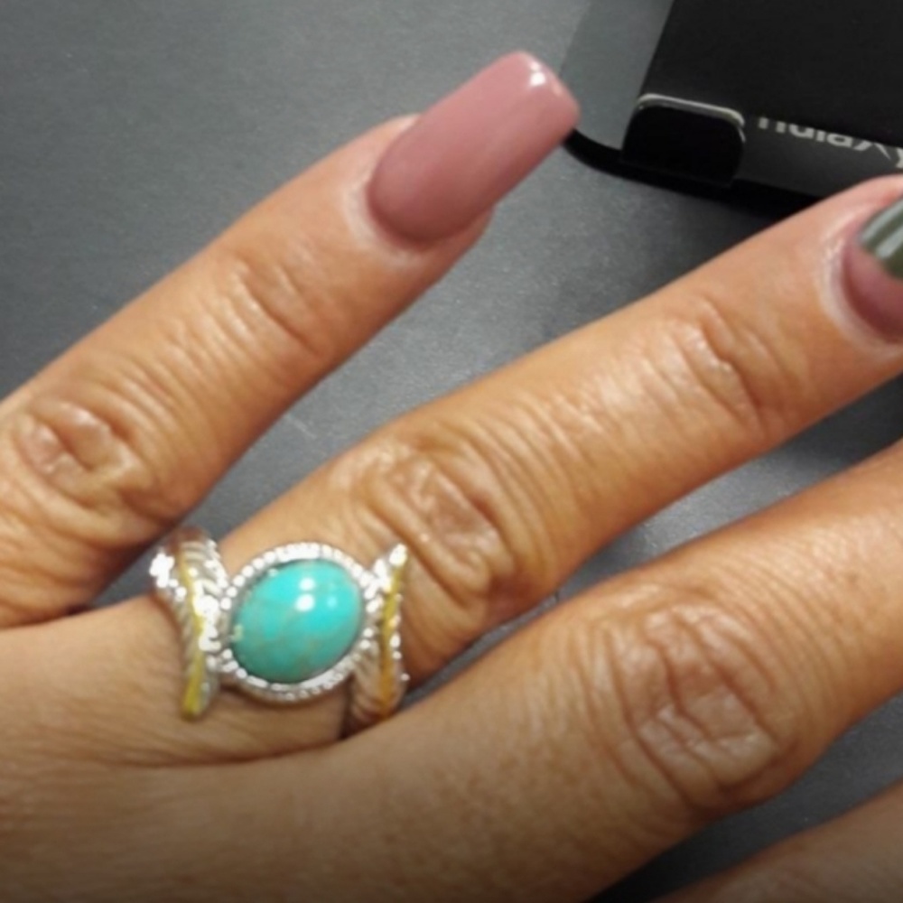 New silver tone and turquoise feather ring 8